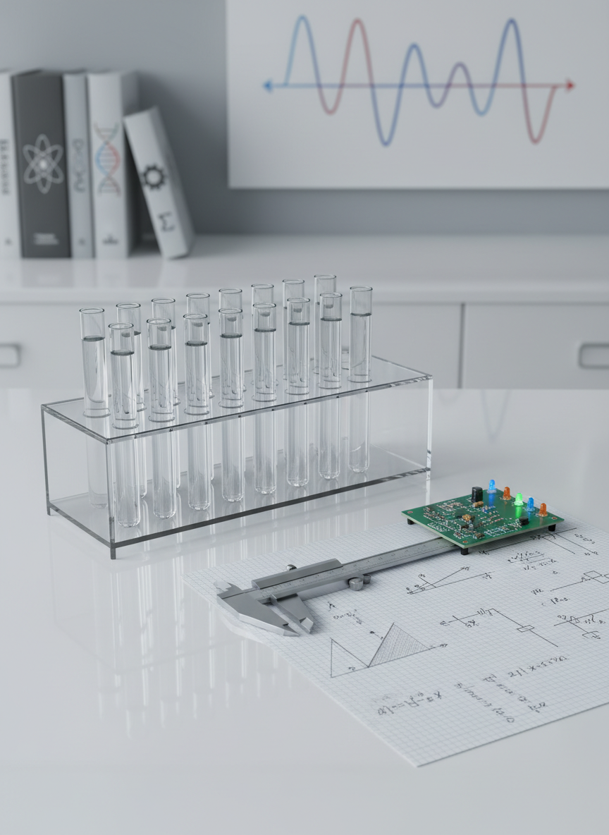 A polished lab-style workspace featuring a clear acrylic container of neatly aligned test tubes, a compact circuit board with glowing LEDs, and a precise metal caliper resting on graph paper covered in sketched physics experiments. The surface is a matte white bench, with subtle reflections from the instruments. In the background, softly out of focus, sit reference books labeled with abstract STEM symbols and a minimalist wall chart of waves and vectors. Cool, even overhead lighting adds a clean, scientific feel, while a slightly elevated camera angle shows everything clearly. The photographic image conveys real-world STEM applications that are organized, understandable, and confidence-building for learners.
