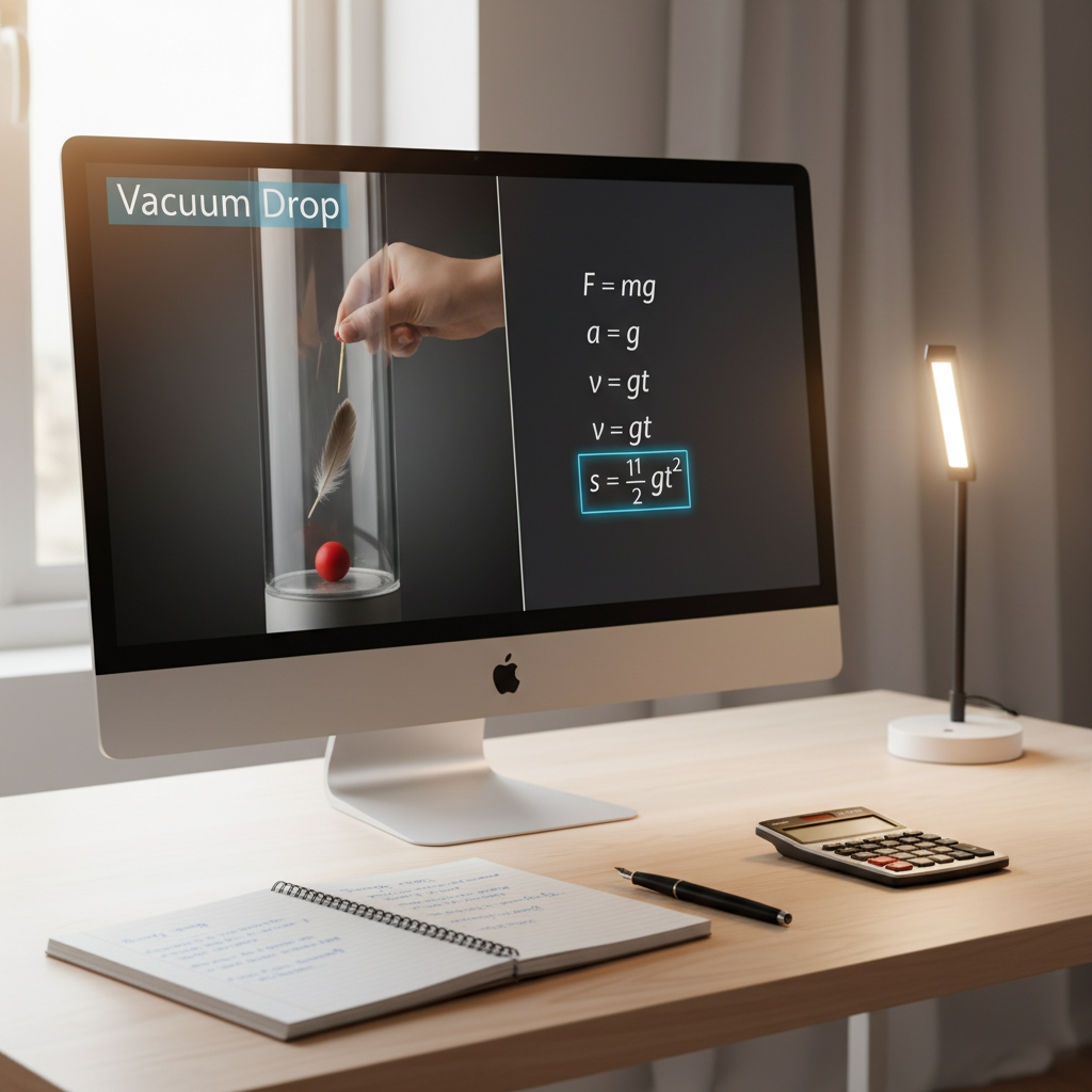 A large, clean monitor on a minimalist desk displays a split screen: on one side, a clear video demonstration of a physics concept using simple props, and on the other, step-by-step mathematical reasoning with highlighted key steps. Below the screen, a notebook with tidy handwritten calculations, a scientific calculator, and a slim pen lay neatly aligned. Soft natural light from a side window and a subtle desk lamp combine to create balanced, inviting illumination. Photographic realism with an eye-level composition and moderate depth of field keeps the focus on the learning setup. The overall atmosphere feels structured yet welcoming, ideal for focused STEM coaching sessions.