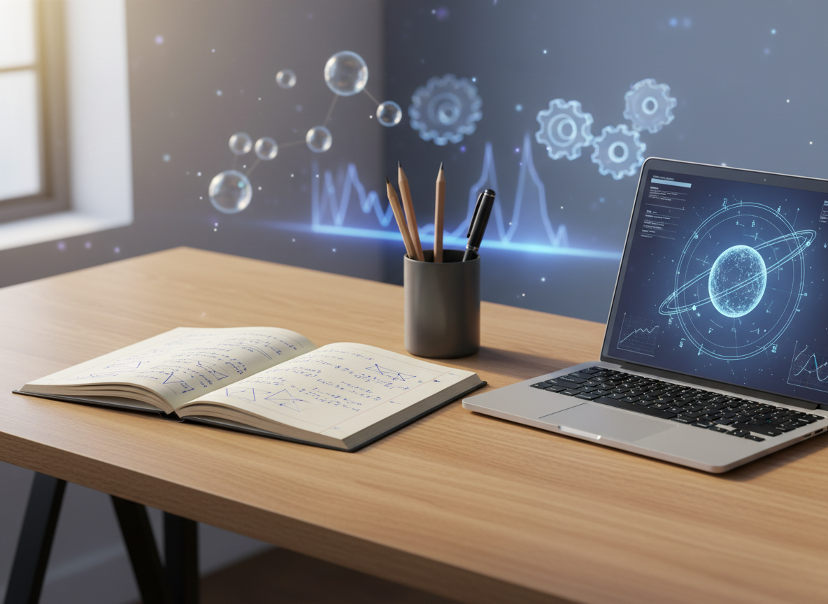 A spacious, modern study desk neatly arranged with an open notebook filled with carefully written math equations, a slim laptop displaying a clear physics diagram, and a few well-sharpened pencils in a matte metal holder. The desk surface is a light oak wood with a smooth grain, set against a softly blurred background of floating, translucent 3D shapes representing atoms, gears, and graphs. Soft daylight from an unseen window washes across the scene, creating gentle highlights on the pages and laptop keys. Photographic realism at eye level with a slight angle emphasizes clarity and focus, with a calm, confidence-building atmosphere that makes STEM concepts feel approachable rather than intimidating.