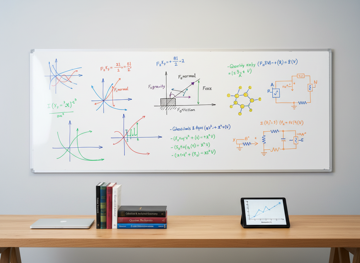 A sleek whiteboard on a clean light-gray wall, covered in neatly drawn, color-coded mathematical functions, physics free-body diagrams, and labeled STEM sketches, all rendered with precise, vibrant marker strokes. In the foreground, a simple wooden table holds a closed laptop, a stack of organized textbooks, and a small digital tablet displaying a clear graph. Diffused studio lighting evenly illuminates the scene, eliminating harsh shadows and highlighting the crisp lines on the board. Photographic realism, shot straight-on with balanced composition, conveys a professional, structured learning environment that encourages problem-solving and breakthrough moments in STEM understanding.