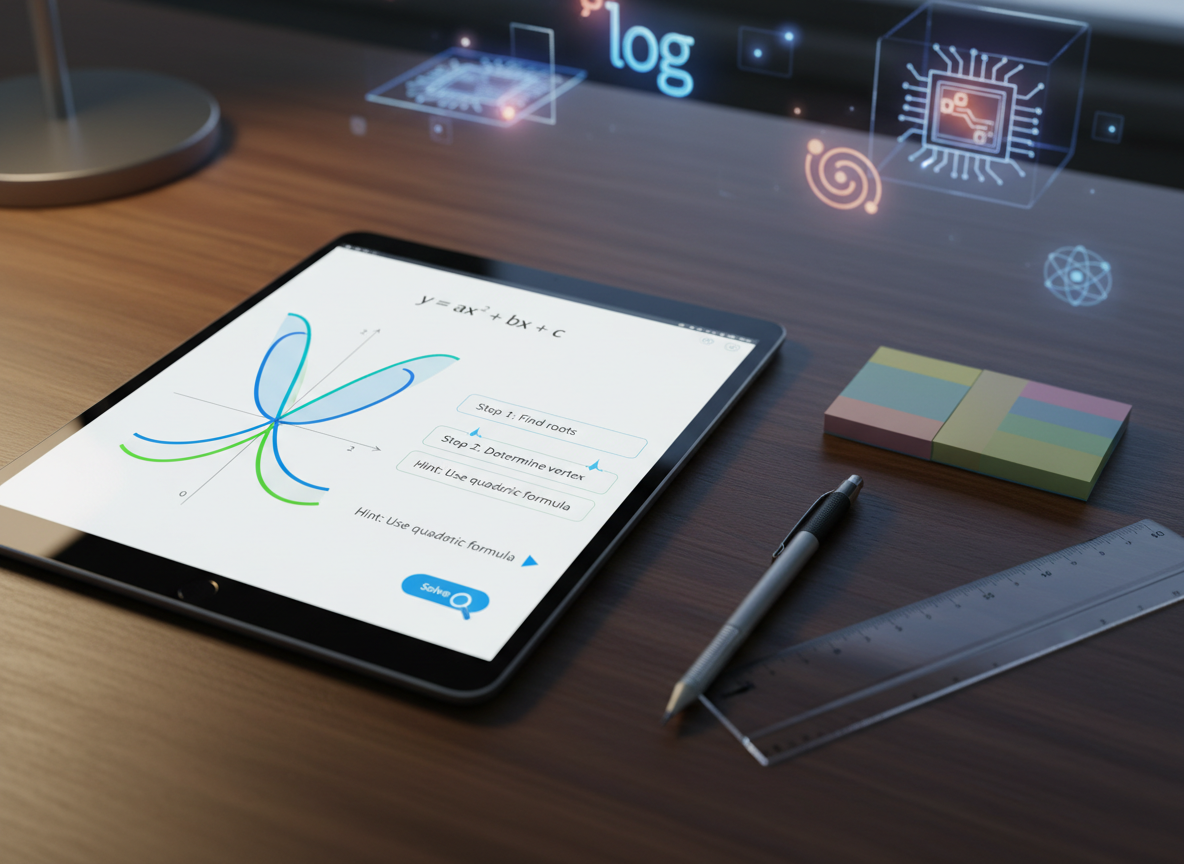 A close-up, photographic view of a tablet lying flat on a smooth, dark-wood desk, its screen displaying an interactive mathematics problem with animated graphs and step-by-step hints. Beside it, a transparent ruler, a mechanical pencil, and a small stack of sticky notes are carefully arranged. In the softly blurred background, colorful 3D icons symbolizing coding, circuits, and formulas subtly float, suggesting a rich digital STEM ecosystem. Warm, focused desk-lamp lighting creates a cozy yet professional mood, with shallow depth of field emphasizing the tablet and tools. The composition feels engaging and modern, highlighting approachable, tech-enhanced STEM coaching resources.