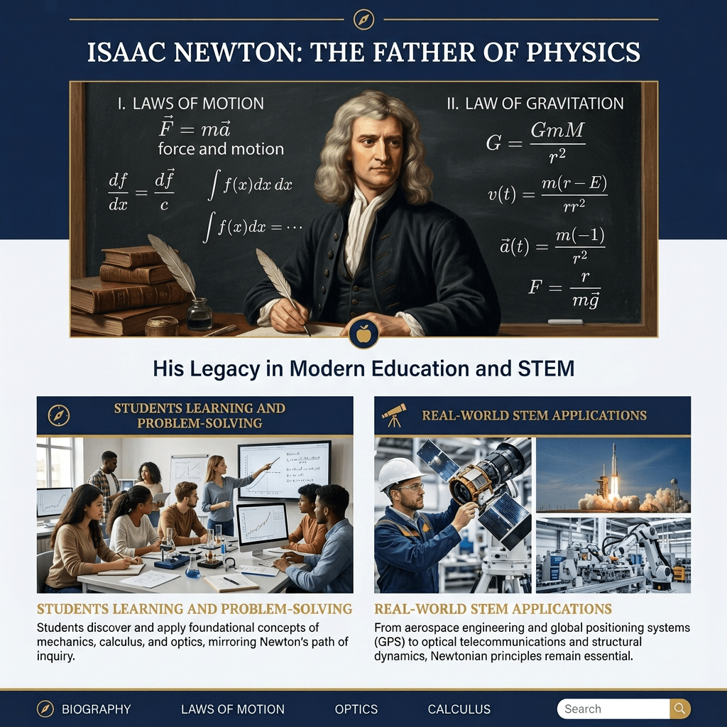Portrait of Isaac Newton with physics formulas and modern STEM education scenes